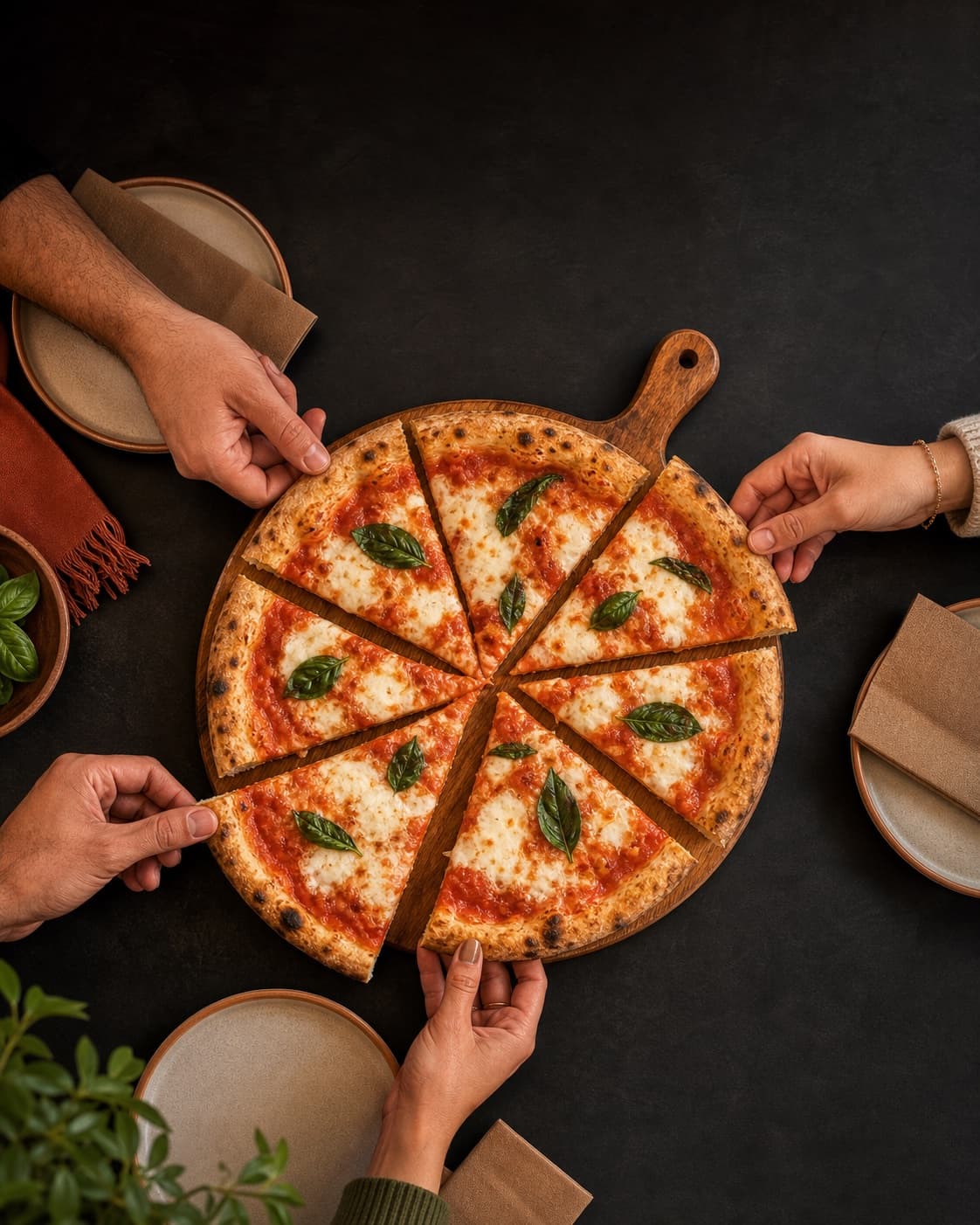 Pizza clásica compartida entre varias personas